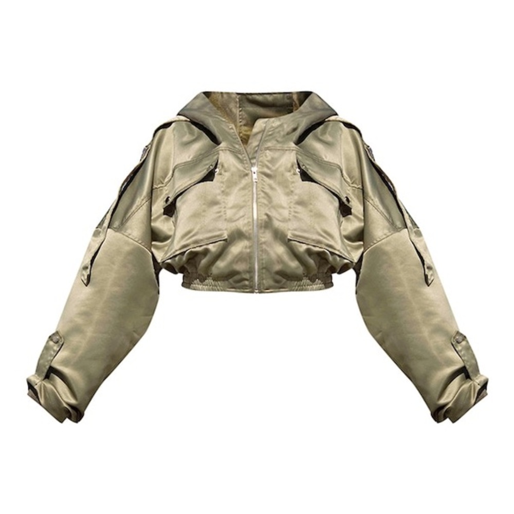 SAGE GREEN SATIN OVERSIZED HOODED POCKET BOMBER JACKET Sz 8